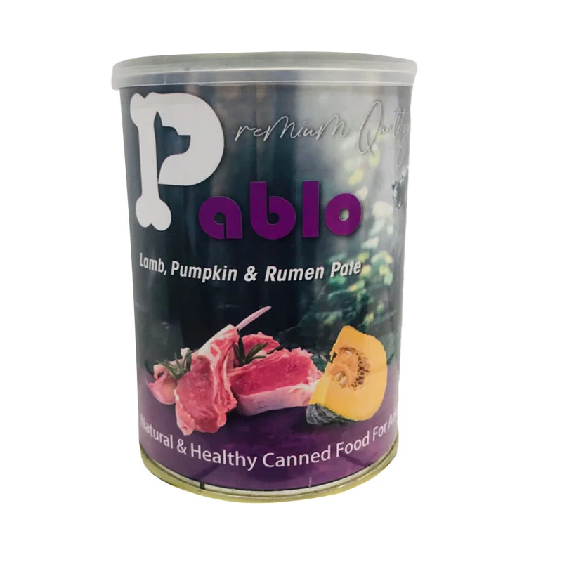 كنسرو سگ با طعم گوشت بره و سيرابي و كدو تنبل pablo 400g